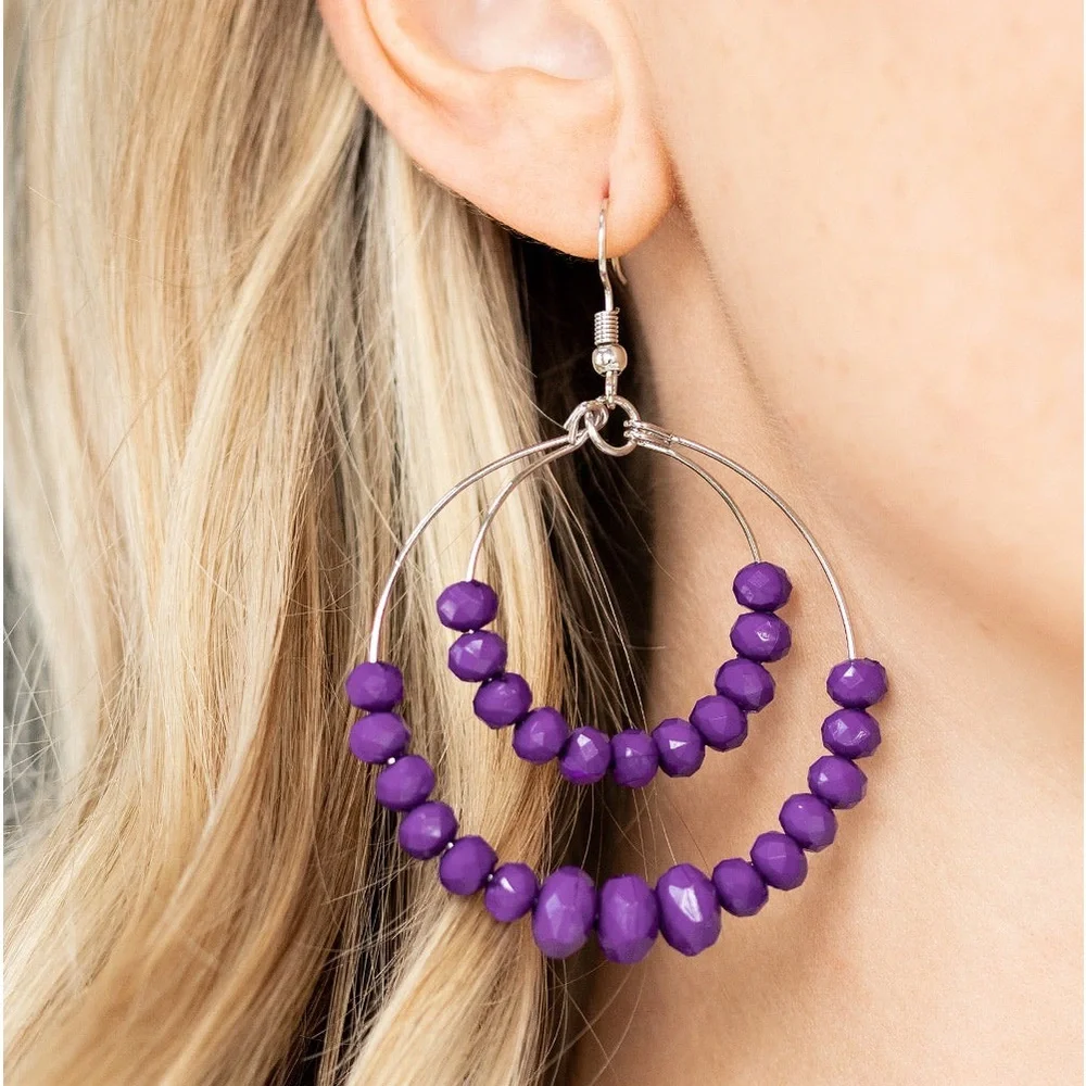 New Handmade Faceted Sterling Silver Purple Bead Bottom 2 Layer Hoop Earrings